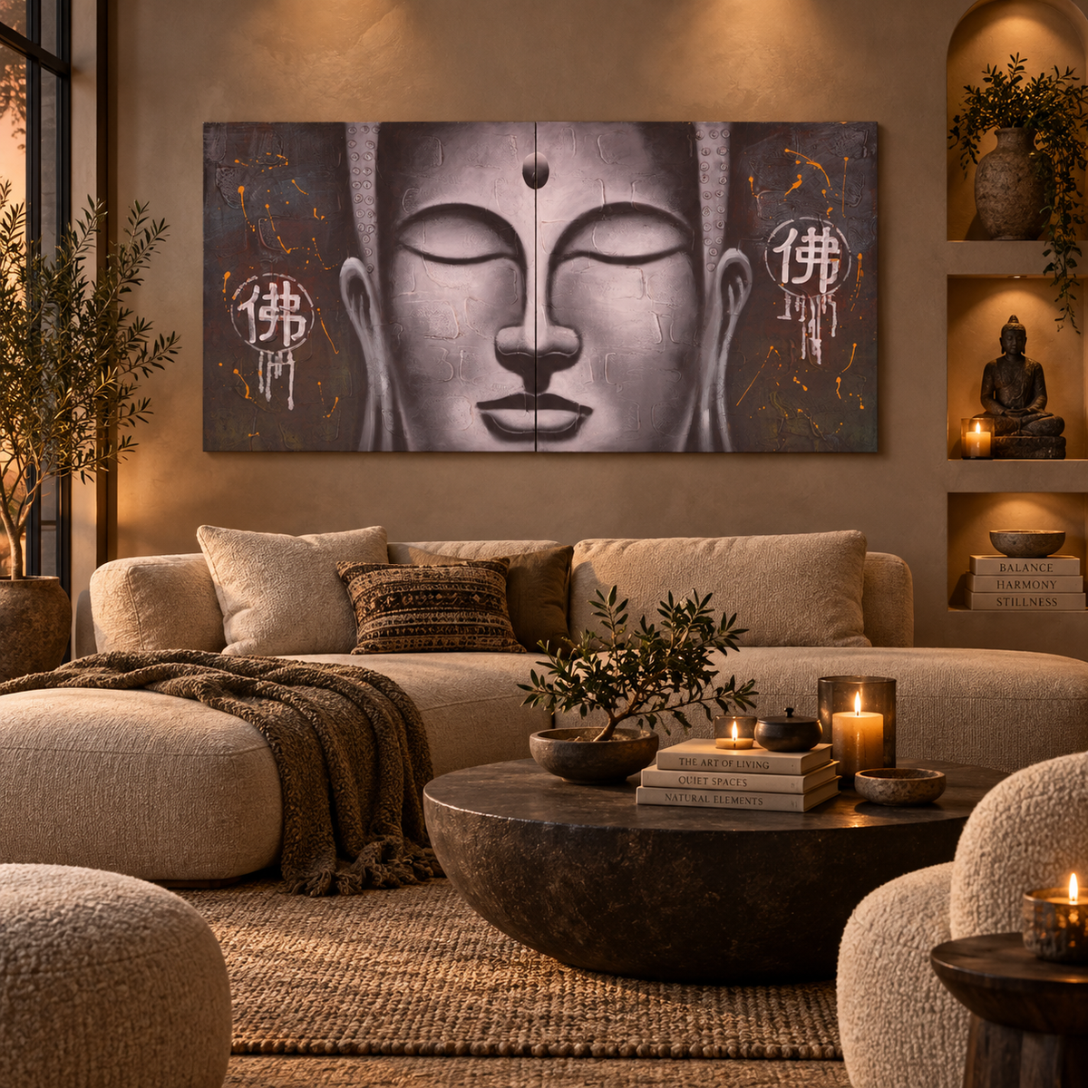 Serene Buddha Diptych · Two-panel artwork, 160 × 80 cm