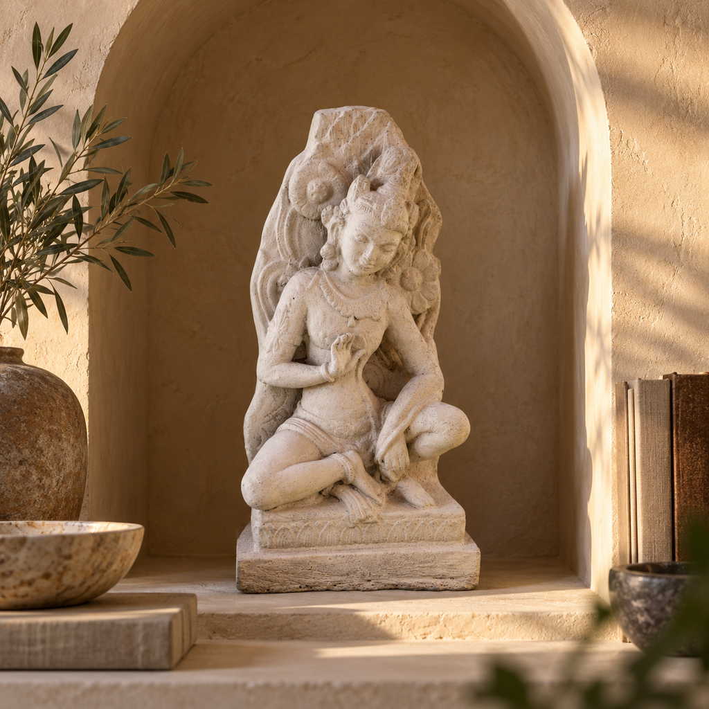 Seated Temple Figure · Stone-finish sculpture, 31.5 cm