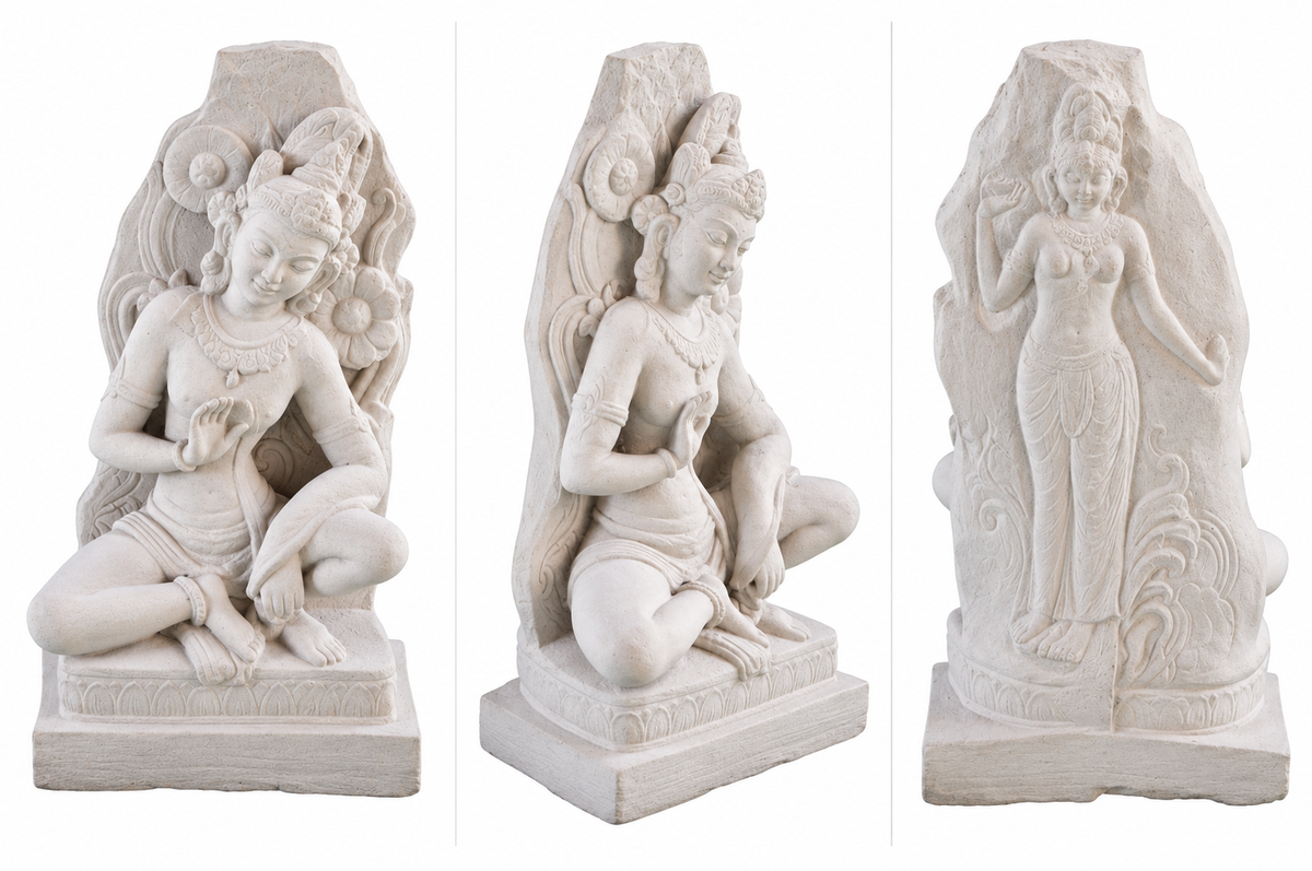 Seated Temple Figure · Stone-finish sculpture, 31.5 cm