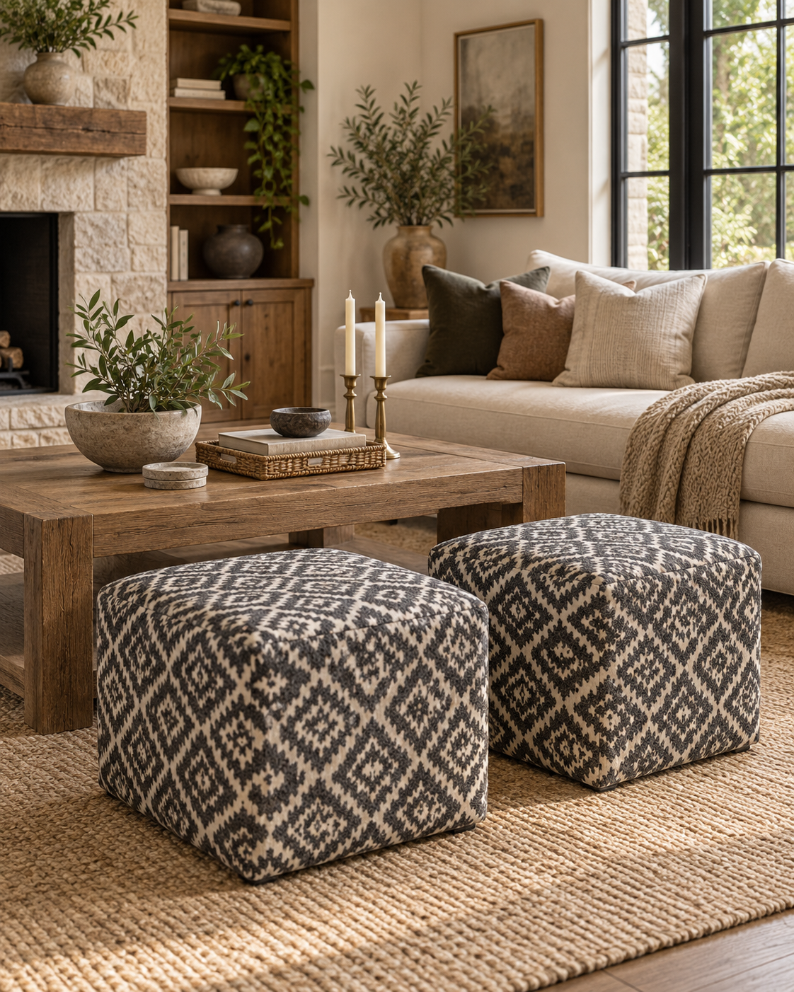 Ikat Ottoman · Charcoal and cream upholstery