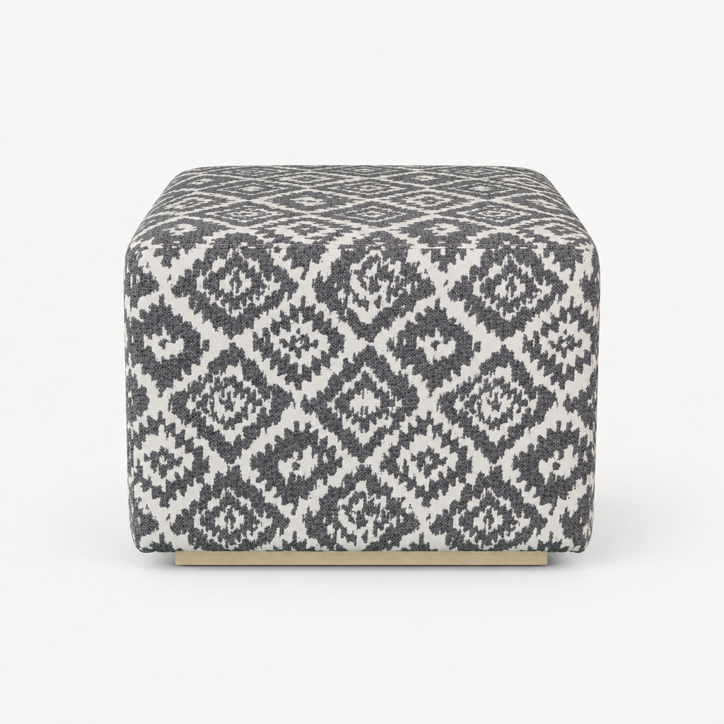 Ikat Ottoman · Charcoal and cream upholstery