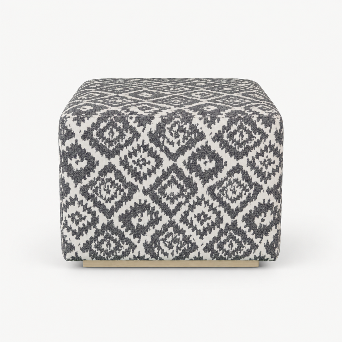 Ikat Ottoman · Charcoal and cream upholstery